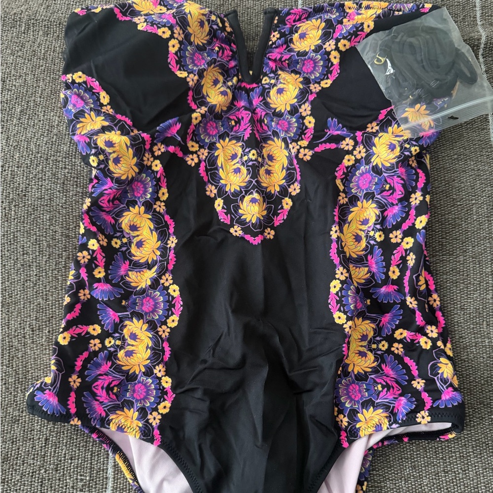 Victoria's Secret Black One-Piece  Swimsuit with Yellow & Pink Floral Print